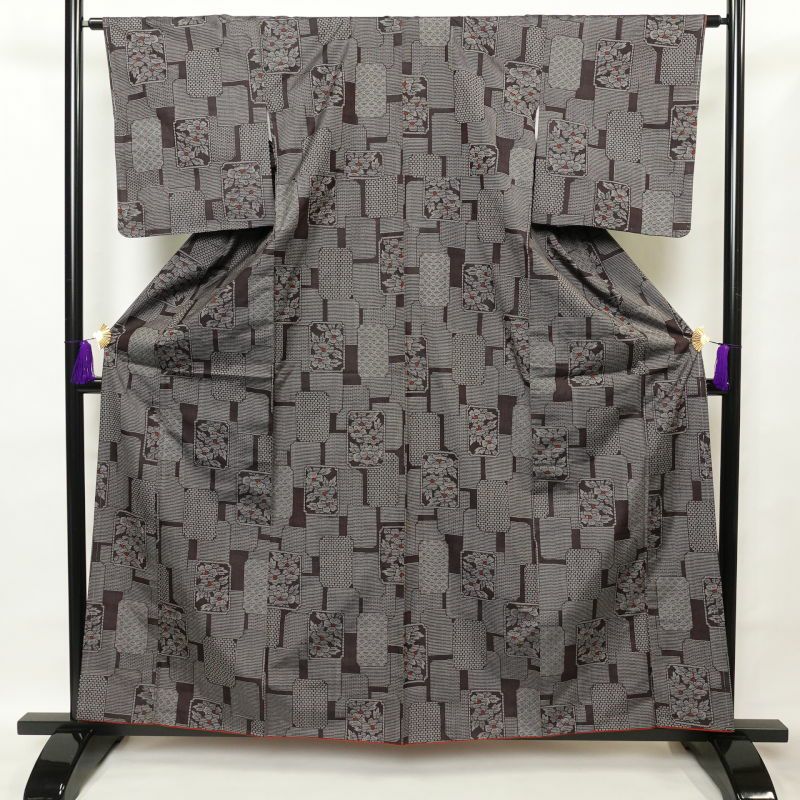 紬 良品 正絹 花柄 幾何学・抽象柄 袷仕立て 茶_画像1