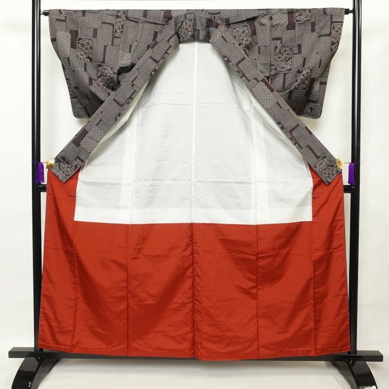 紬 良品 正絹 花柄 幾何学・抽象柄 袷仕立て 茶_画像3