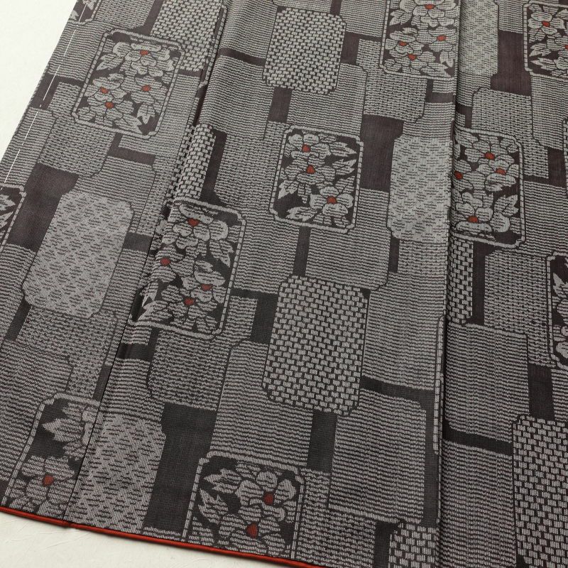 紬 良品 正絹 花柄 幾何学・抽象柄 袷仕立て 茶_画像4