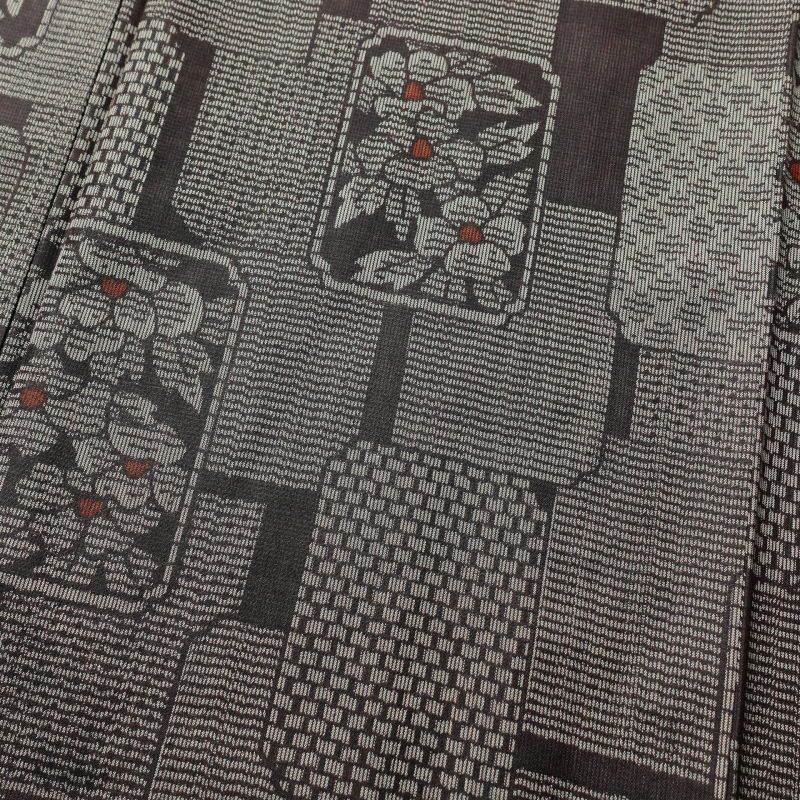 紬 良品 正絹 花柄 幾何学・抽象柄 袷仕立て 茶_画像5