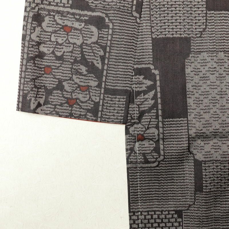 紬 良品 正絹 花柄 幾何学・抽象柄 袷仕立て 茶_画像13