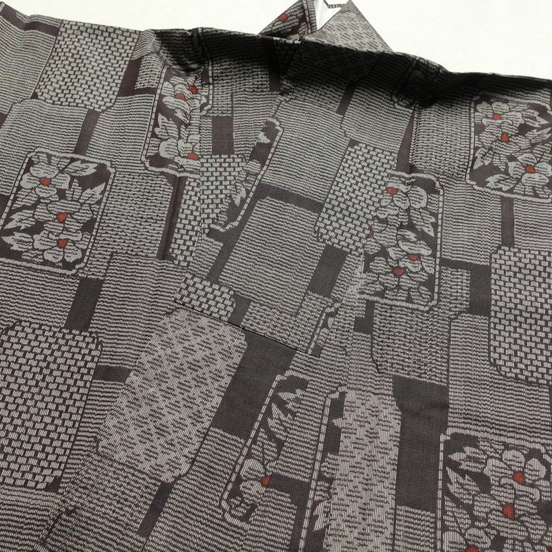 紬 良品 正絹 花柄 幾何学・抽象柄 袷仕立て 茶_画像20