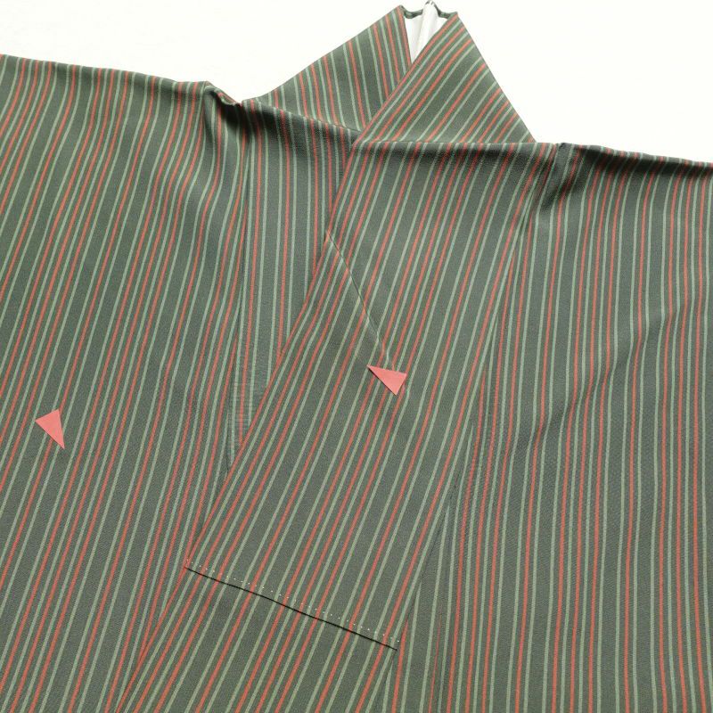 小紋 縮緬 正絹 縞柄・線柄 袷仕立て 緑・うぐいす色_画像19