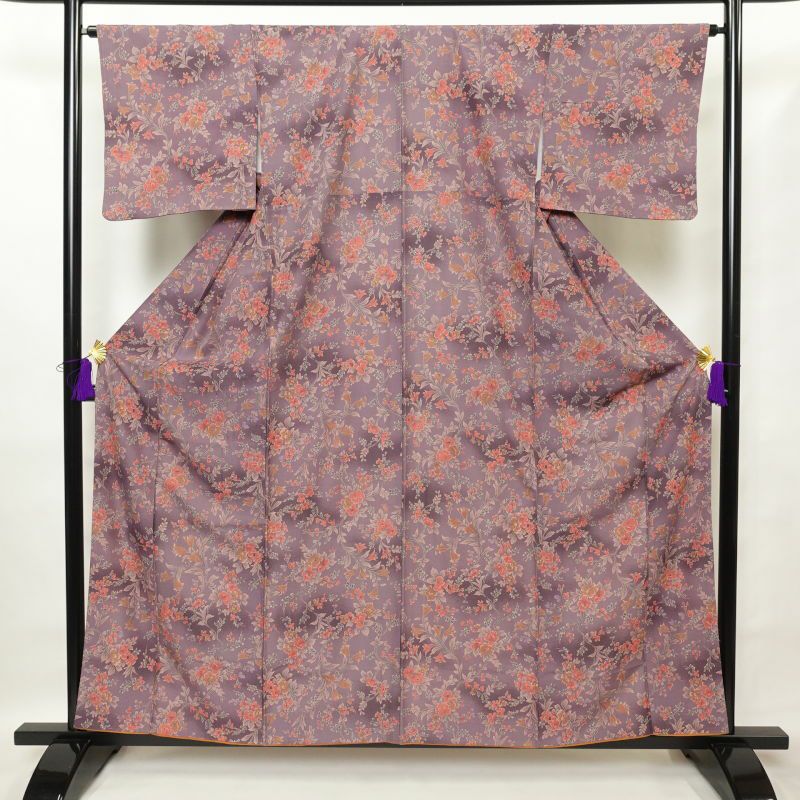 小紋 縮緬 総柄 正絹 花柄 袷仕立て 紫・藤色_画像1