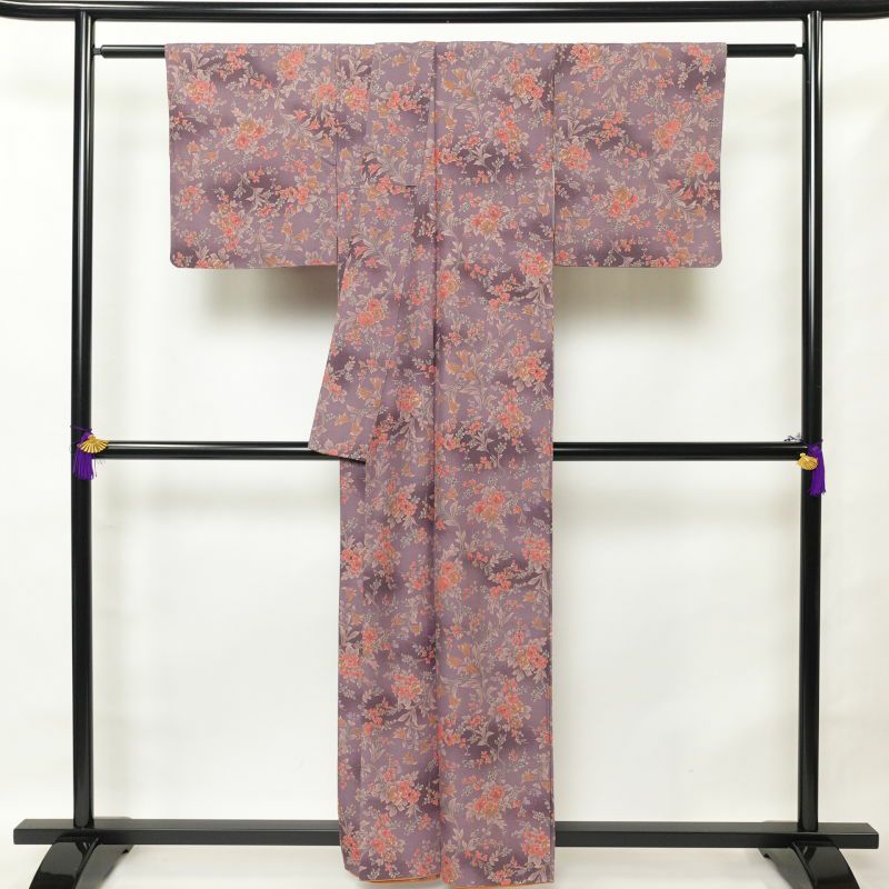 小紋 縮緬 総柄 正絹 花柄 袷仕立て 紫・藤色_画像2