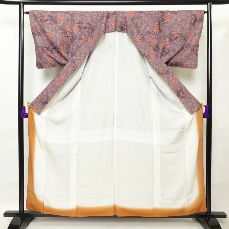 小紋 縮緬 総柄 正絹 花柄 袷仕立て 紫・藤色_画像3