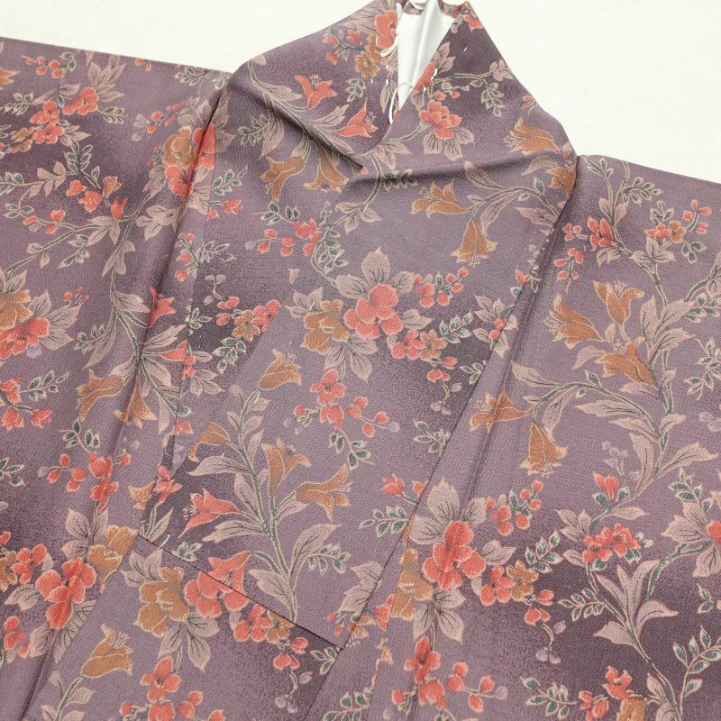 小紋 縮緬 総柄 正絹 花柄 袷仕立て 紫・藤色_画像19