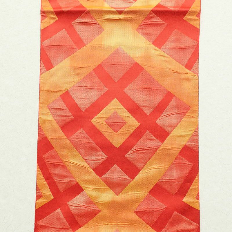 名古屋帯 六通柄 良品 正絹 幾何学柄・抽象柄 松葉仕立て ピンク_画像9