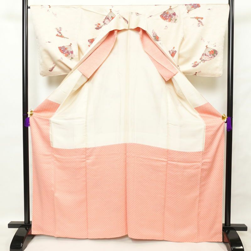 小紋 しつけ糸付き 金糸 伊達衿付き 正絹 古典柄 扇子 袷仕立て クリーム_画像3