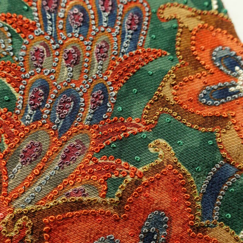 名古屋帯 太鼓柄 美品 相良刺繍 正絹 人物・動物柄 通し仕立て 赤・朱_画像6