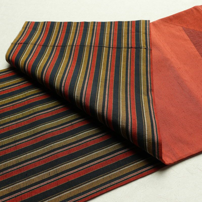 名古屋帯 太鼓柄 美品 相良刺繍 正絹 人物・動物柄 通し仕立て 赤・朱_画像12