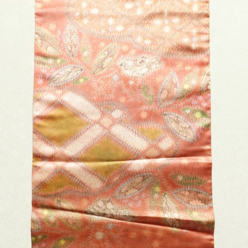 名古屋帯 太鼓柄 正絹 木の葉・植物柄 名古屋仕立て グレー_画像9