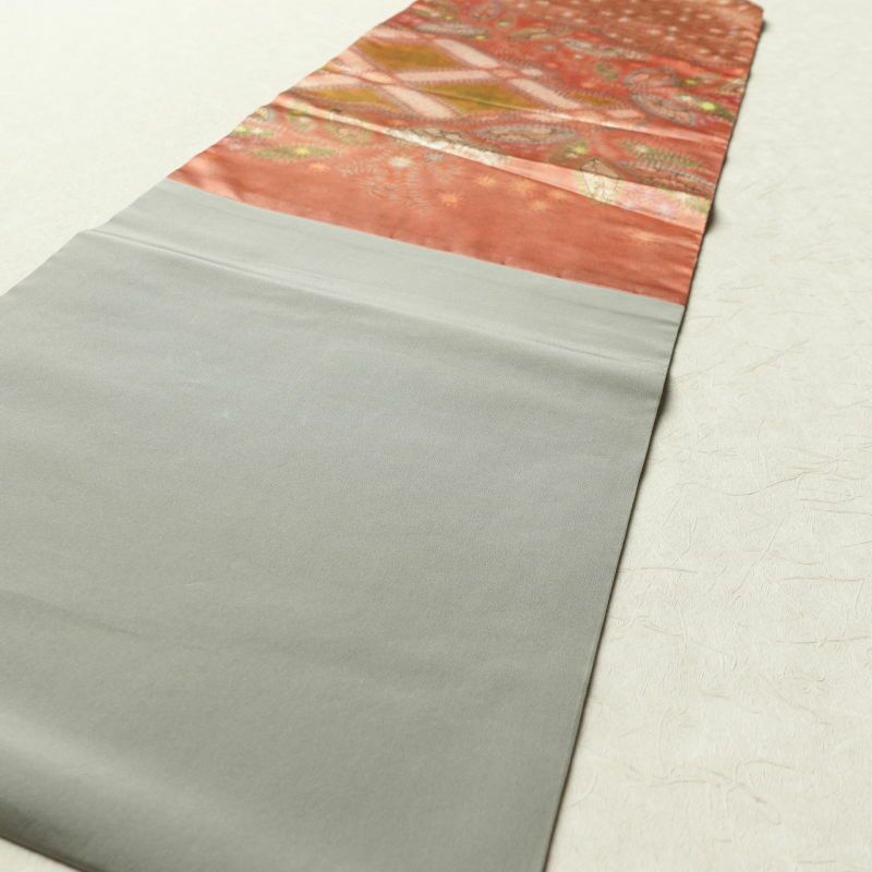 名古屋帯 太鼓柄 正絹 木の葉・植物柄 名古屋仕立て グレー_画像10