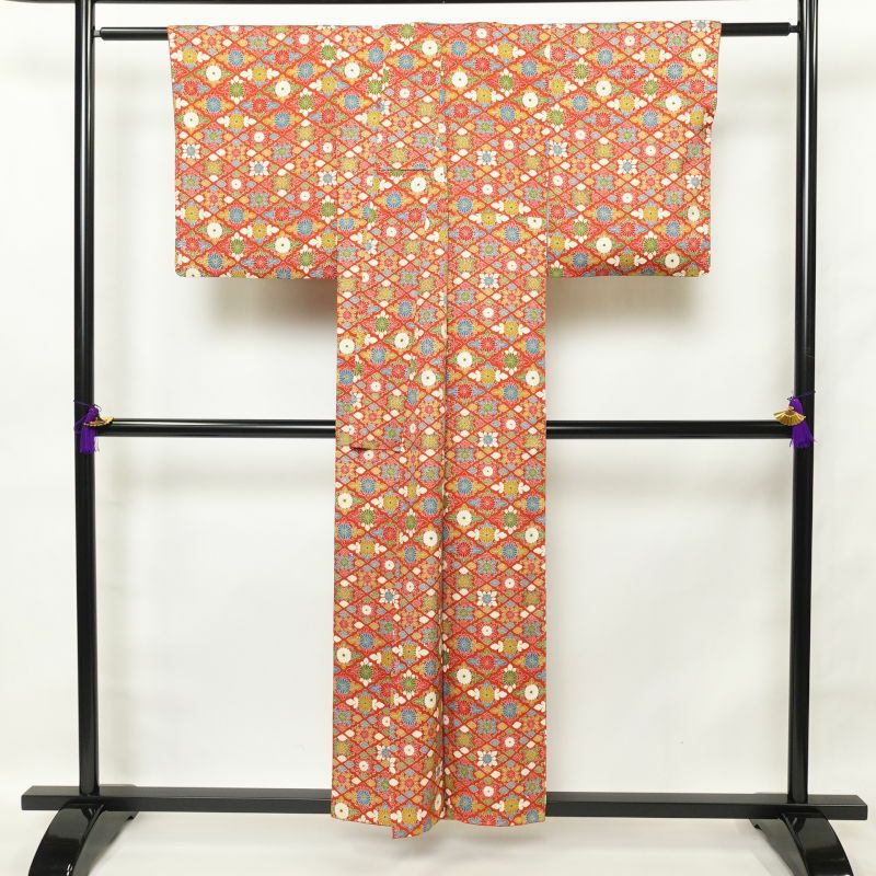 小紋 良品 金彩 総柄 正絹 花柄 菊 菊菱 袷仕立て 赤・朱_画像2