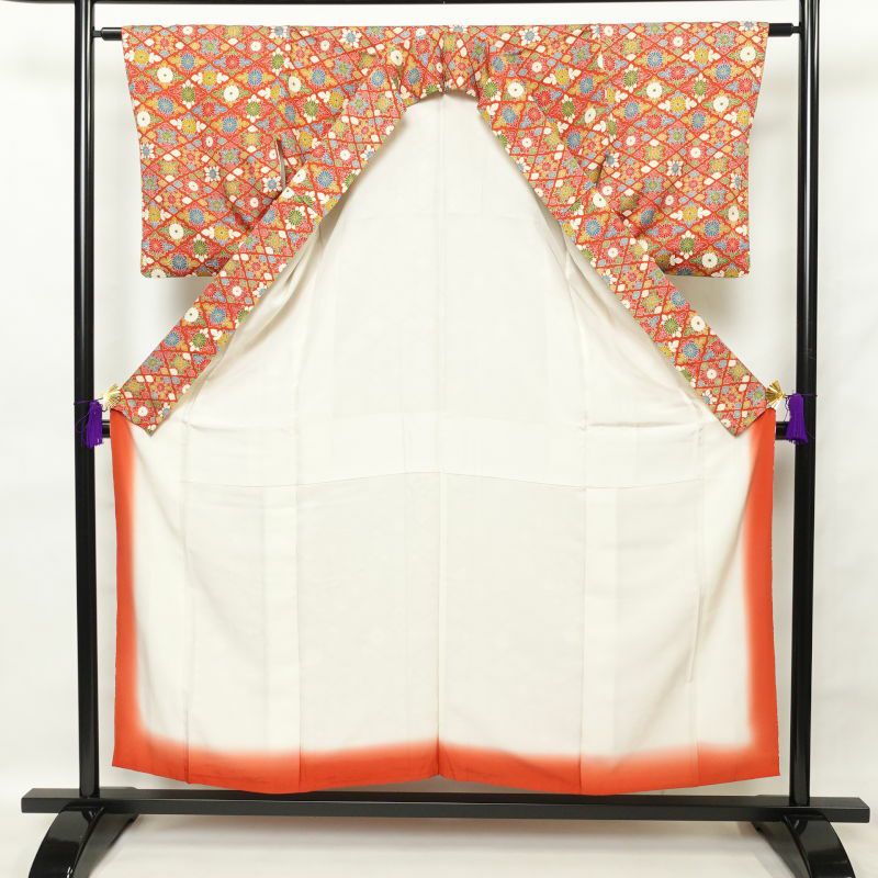 小紋 良品 金彩 総柄 正絹 花柄 菊 菊菱 袷仕立て 赤・朱_画像3
