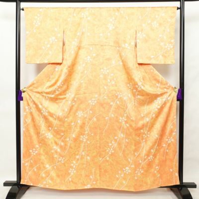 小紋 しつけ糸付き 絞り 正絹 木の葉・植物柄 身丈159.5cm 裄丈66.5cm 袷仕立て 橙