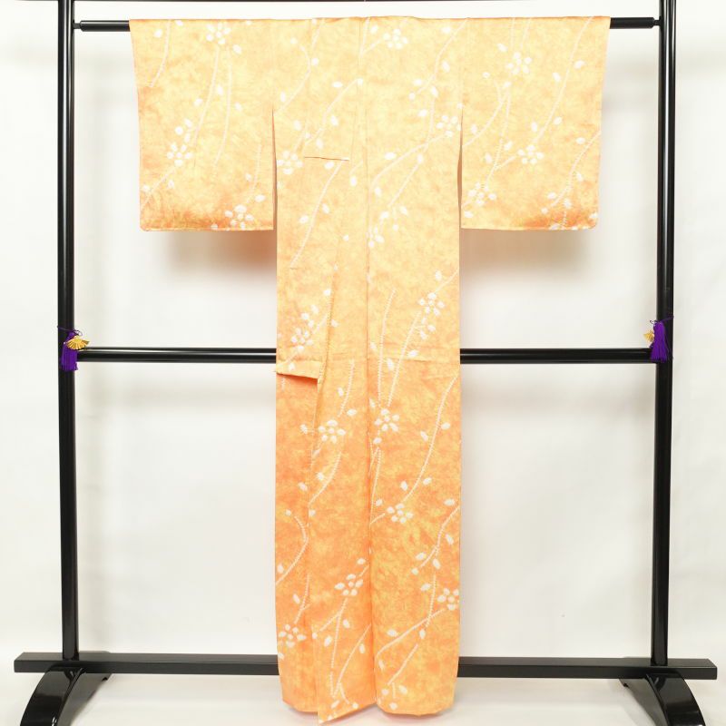 小紋 しつけ糸付き 絞り 正絹 木の葉・植物柄 袷仕立て 橙_画像2