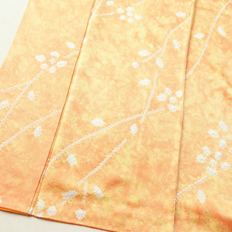 小紋 しつけ糸付き 絞り 正絹 木の葉・植物柄 袷仕立て 橙_画像4