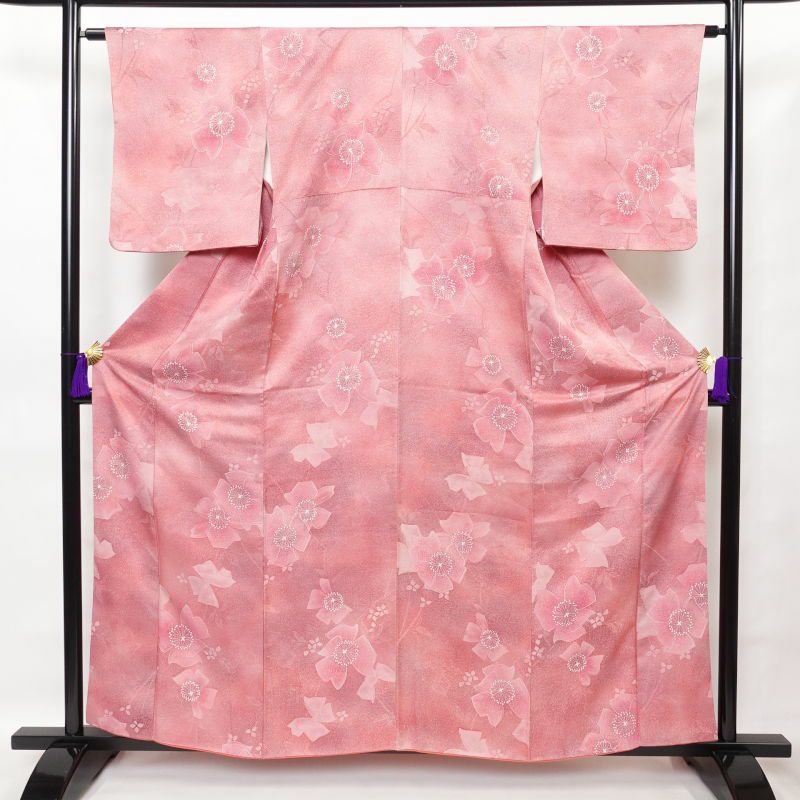 小紋 正絹 花柄 袷仕立て たたき染風 ピンク_画像1