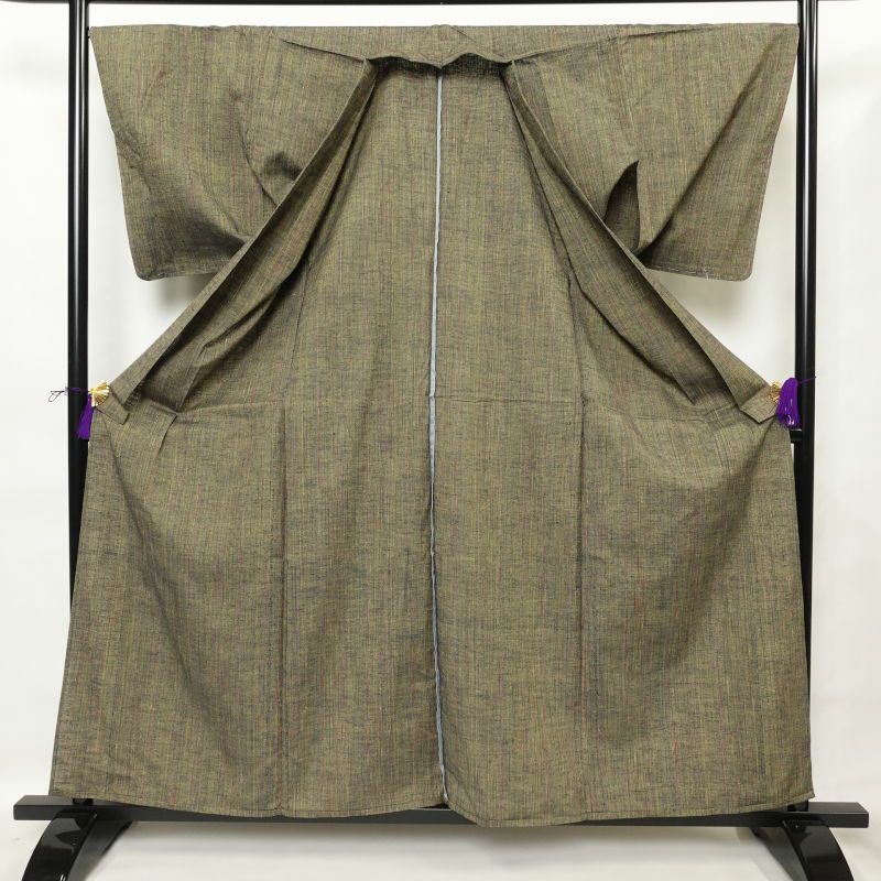 単衣 紬 美品 正絹 縞柄・線柄 袷仕立て 黄・黄土色_画像3