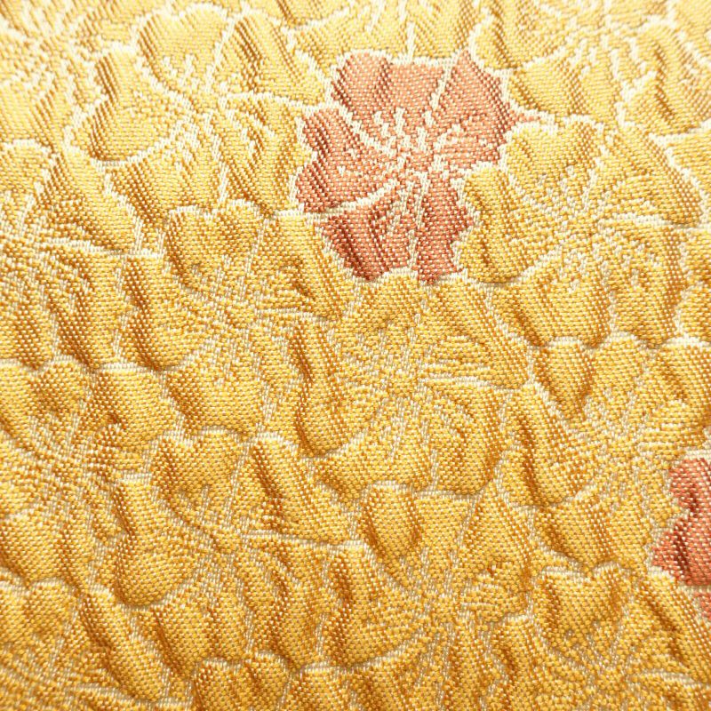 袋帯 六通柄 ふくれ織り 良品 一般用 正絹 花柄 黄・黄土色_画像5
