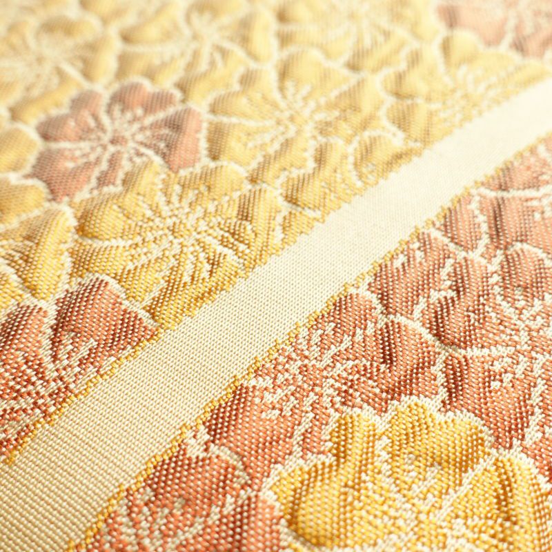 袋帯 六通柄 ふくれ織り 良品 一般用 正絹 花柄 黄・黄土色_画像7