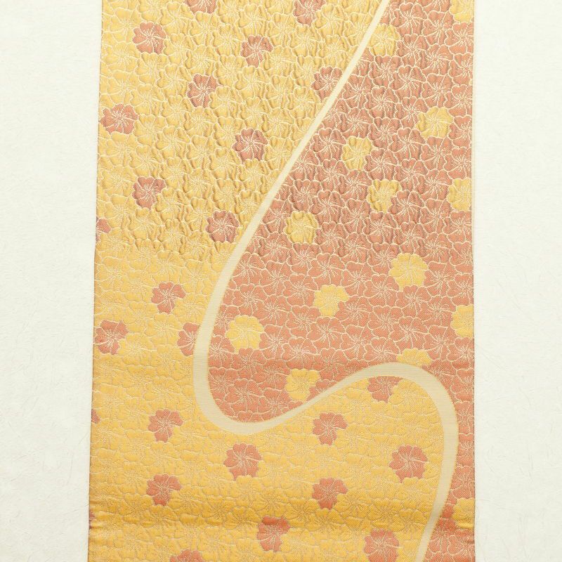 袋帯 六通柄 ふくれ織り 良品 一般用 正絹 花柄 黄・黄土色_画像10