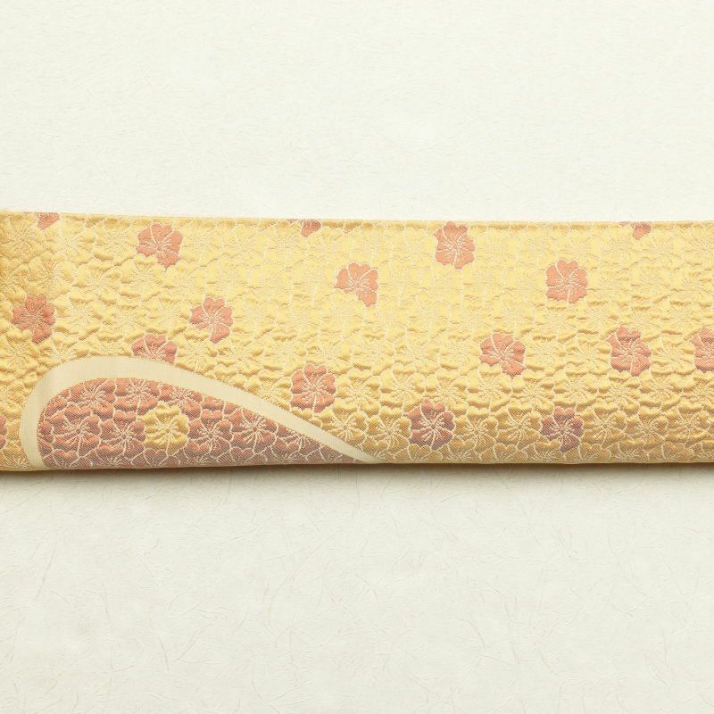 袋帯 六通柄 ふくれ織り 良品 一般用 正絹 花柄 黄・黄土色_画像19