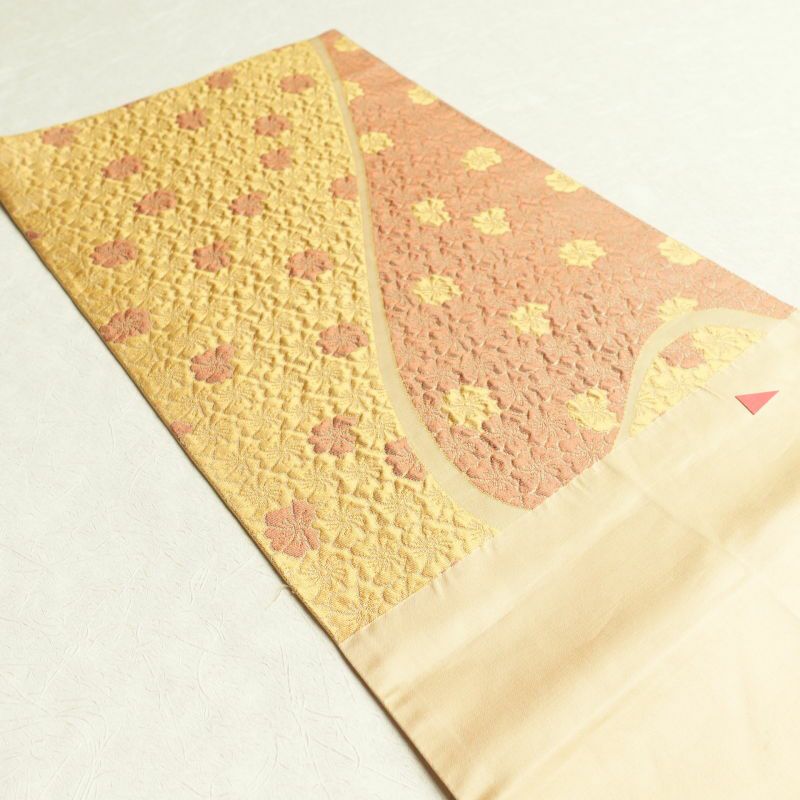 袋帯 六通柄 ふくれ織り 良品 一般用 正絹 花柄 黄・黄土色_画像25