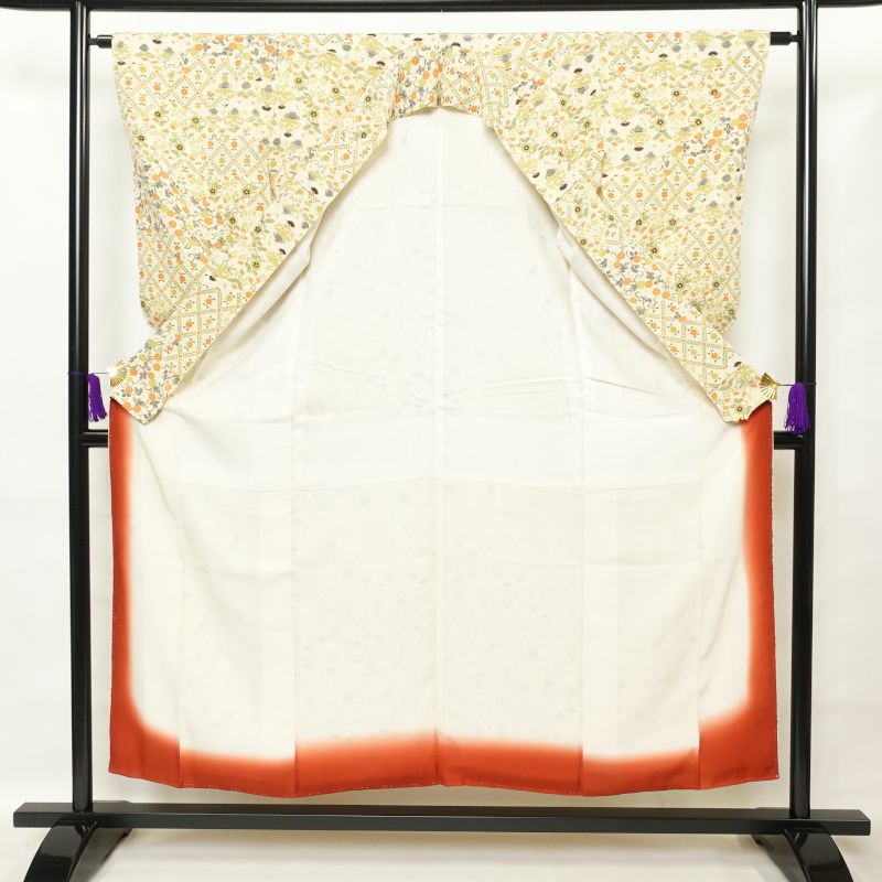 小紋  良品 しつけ糸付き 縮緬 総柄 正絹 花柄 袷仕立て クリーム_画像3