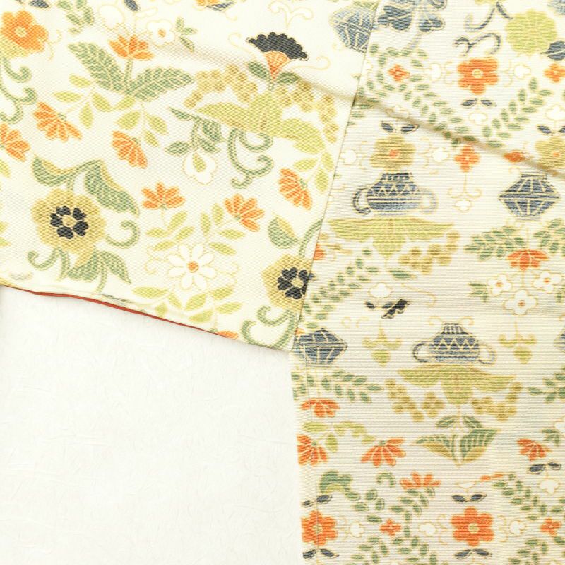 小紋  良品 しつけ糸付き 縮緬 総柄 正絹 花柄 袷仕立て クリーム_画像13