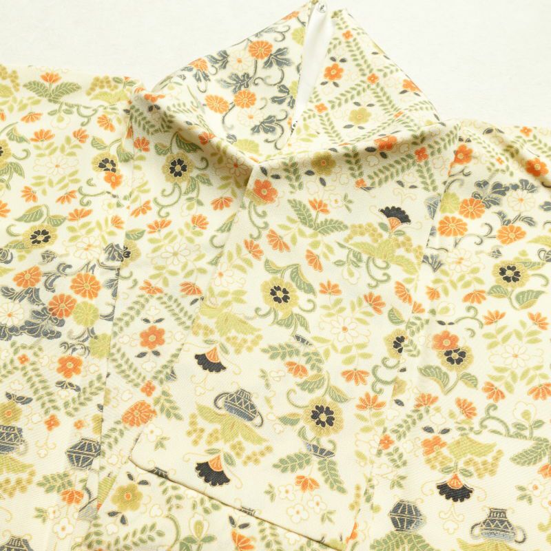 小紋  良品 しつけ糸付き 縮緬 総柄 正絹 花柄 袷仕立て クリーム_画像19