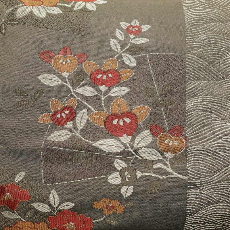 名古屋帯 六通柄 ポリエステル 花柄 通し仕立て 茶_画像2