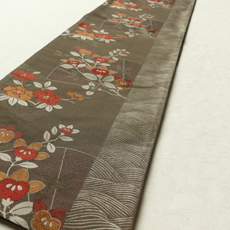 名古屋帯 六通柄 ポリエステル 花柄 通し仕立て 茶_画像12