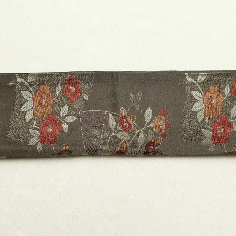 名古屋帯 六通柄 ポリエステル 花柄 通し仕立て 茶_画像19