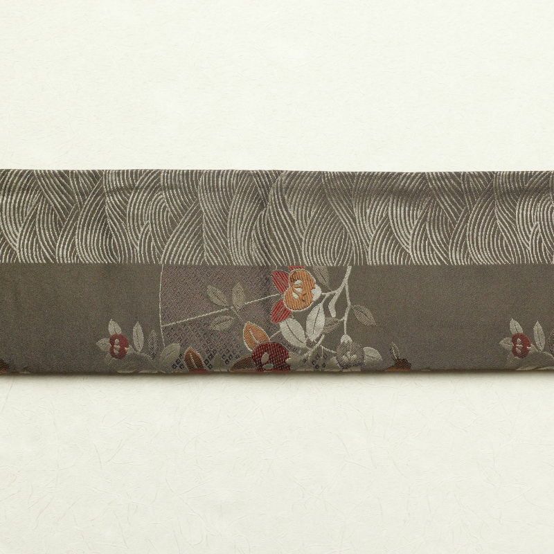 名古屋帯 六通柄 ポリエステル 花柄 通し仕立て 茶_画像21