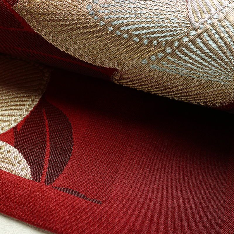 名古屋帯 六通柄 じゅらく 正絹 花柄 名古屋仕立て 赤・朱_画像9