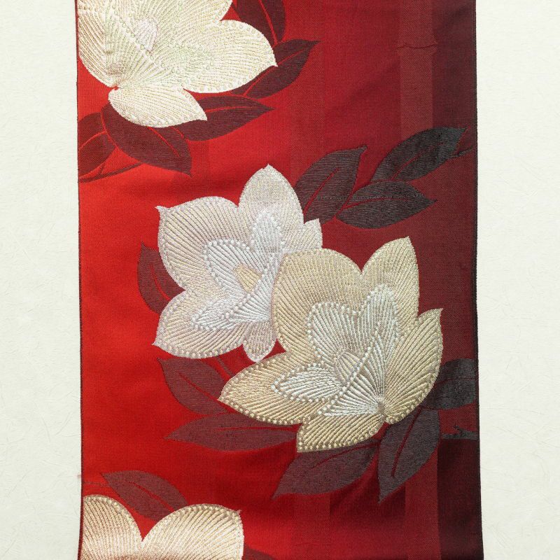 名古屋帯 六通柄 じゅらく 正絹 花柄 名古屋仕立て 赤・朱_画像10
