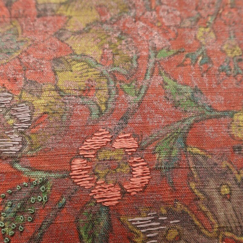 袋帯 太鼓柄 刺繍 一般用 正絹 花柄 小豆・エンジ_画像6