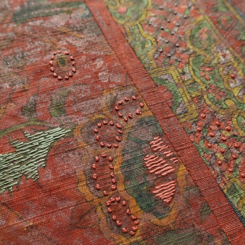 袋帯 太鼓柄 刺繍 一般用 正絹 花柄 小豆・エンジ_画像8