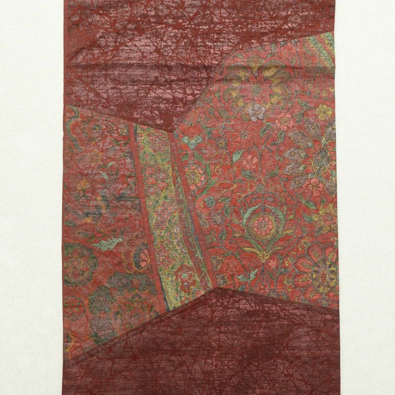 袋帯 太鼓柄 刺繍 一般用 正絹 花柄 小豆・エンジ_画像12