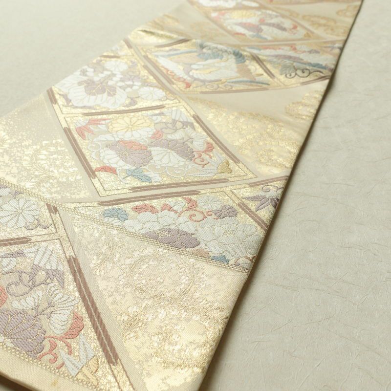袋帯 六通柄 天井絵花鳥文 フォーマル用 正絹 古典柄 ベージュ_画像12