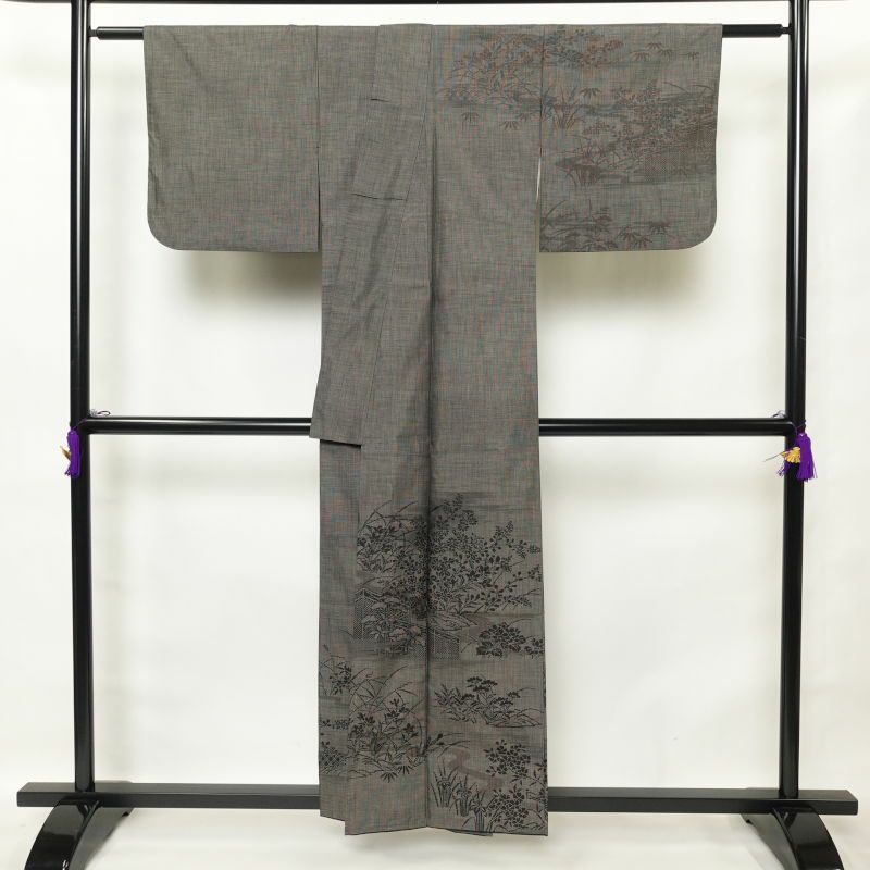 紬 付下げ風 正絹 風景柄 菖蒲 袷仕立て 茶_画像2