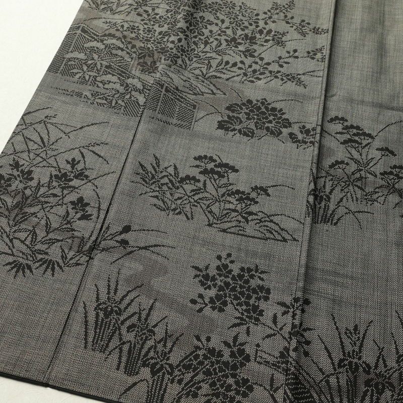 紬 付下げ風 正絹 風景柄 菖蒲 袷仕立て 茶_画像4