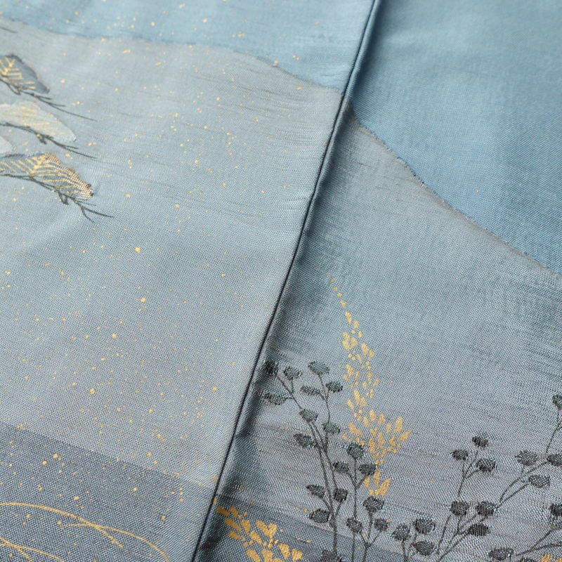 紬 美品 銀座おおぎ屋 落款入り しつけ糸付き 正絹 金彩 共八掛  古典柄 袷仕立て 青・紺_画像11