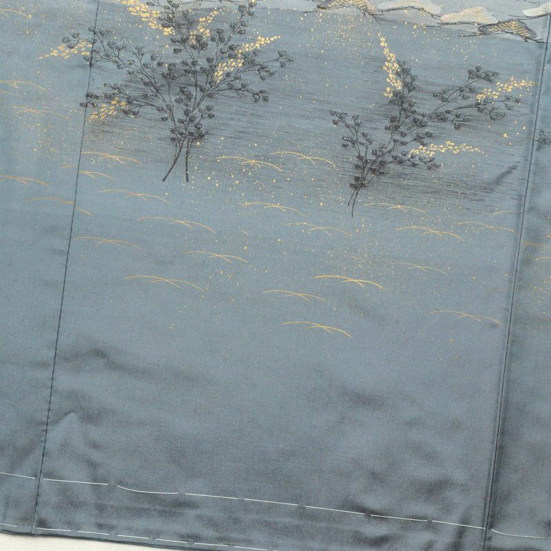 紬 美品 銀座おおぎ屋 落款入り しつけ糸付き 正絹 金彩 共八掛  古典柄 袷仕立て 青・紺_画像18