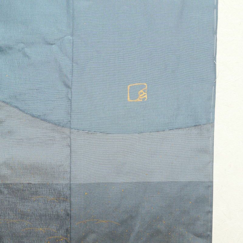 紬 美品 銀座おおぎ屋 落款入り しつけ糸付き 正絹 金彩 共八掛  古典柄 袷仕立て 青・紺_画像32