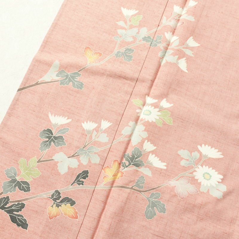 単衣 本加賀友禅 畠山登 付下げ 紬地 落款入り 正絹 花柄 単衣仕立て ピンク_画像7