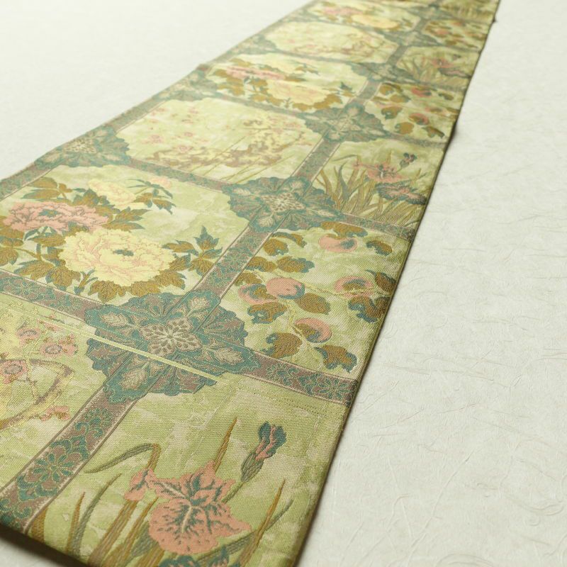 袋帯 紹巴萬葉 全通柄 フォーマル用 正絹 花柄 緑・うぐいす色_画像11