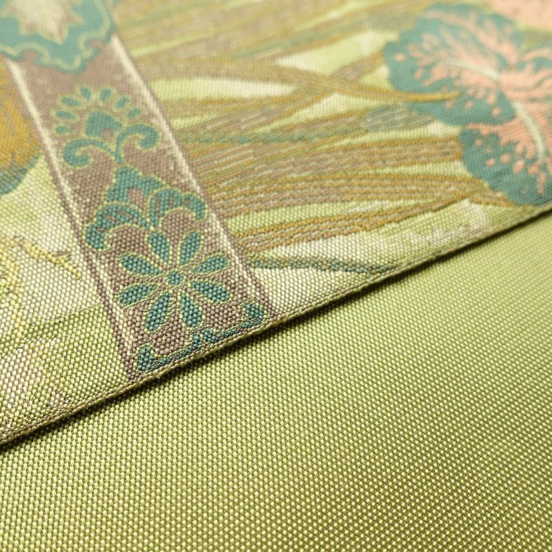 袋帯 紹巴萬葉 全通柄 フォーマル用 正絹 花柄 緑・うぐいす色_画像16